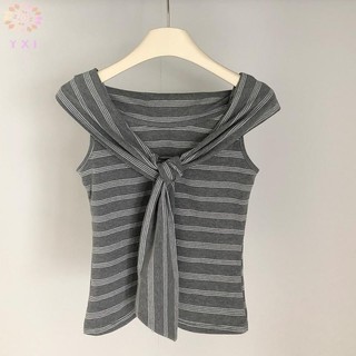 Áo thun sọc vai xoắn Y.X.I, áo vest cổ chữ V không tay dành cho nữ