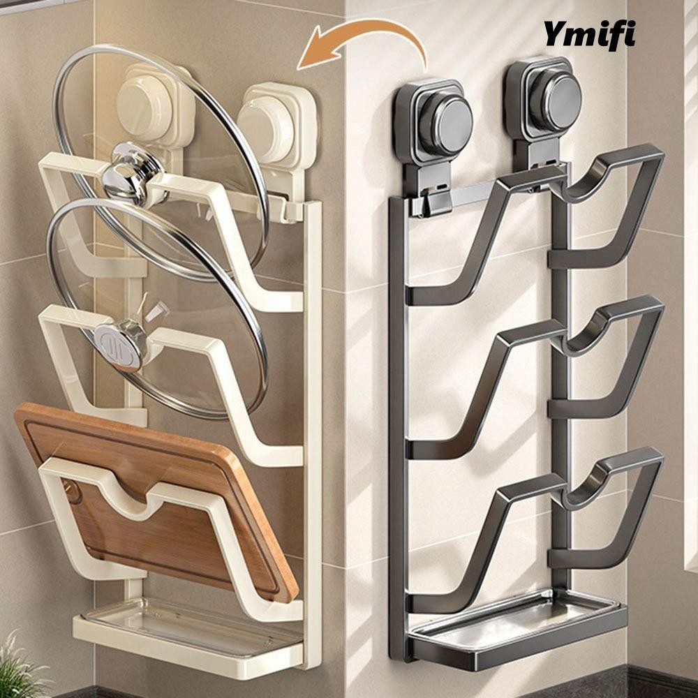 Giá đỡ nắp nồi hút YMIFI, Kệ treo tường Giá đựng nắp nồi không đục lỗ, Giá đựng đồ nhà bếp đa chức năng nhiều lớp bền bỉ cho nhà bếp