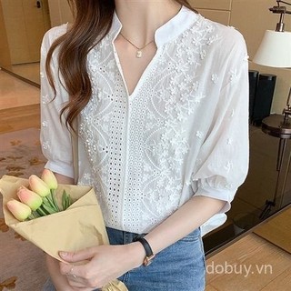 Nữ Mùa Hè 2025 Mới Nguyên Chất Cotton Thời Trang Áo Sơ Mi Đứng Cổ Thêu Rỗng Ra Năm Inch Tay Áo