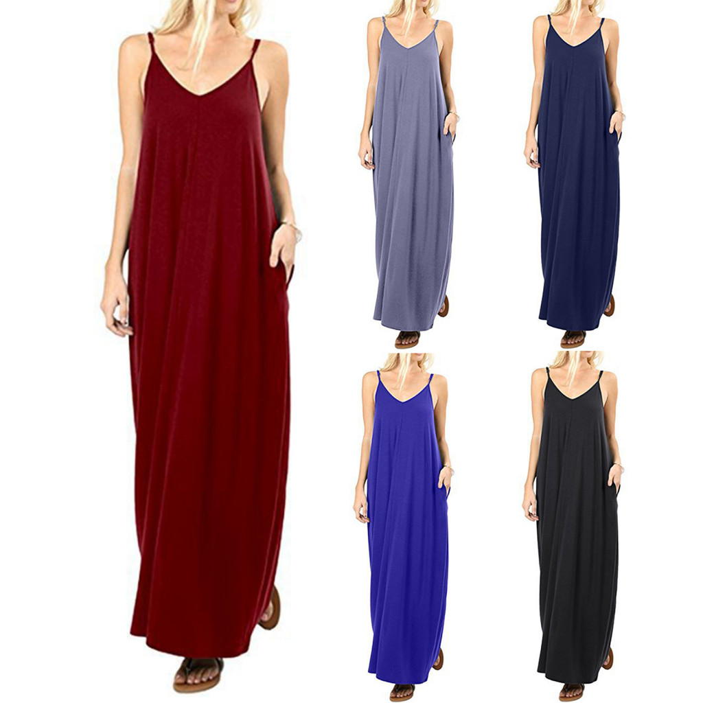 XIA| Đầm không tay Váy dài dáng rộng dáng rộng thời trang dành cho nữ Váy Maxi không tay cổ chữ V có túi Hoàn hảo cho ngày lễ và dạo phố
