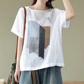 Vải lanh Cotton mỏng cỡ lớn cổ tròn thêu dáng rộng