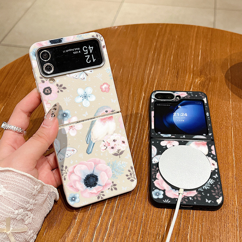 Họa Tiết Da Đáng Yêu Hoa Hồng Chim Họa Tiết Mềm TPU Vỏ Cho Samsung Galaxy Z Flip4 Flip5 Flip6 Flip 3 4 5 6 5G Sạc Không Dây Gấp Vỏ Mềm