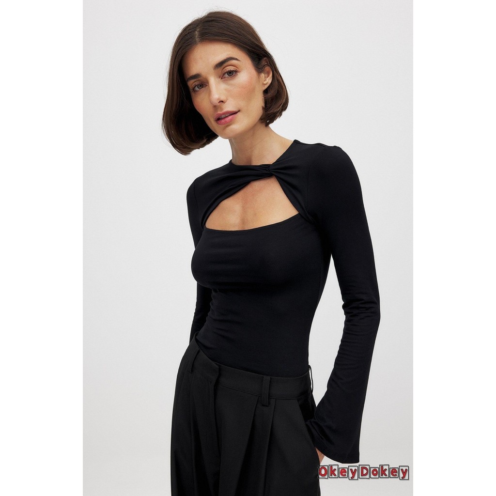 Okdk-áo thun mỏng mùa hè dành cho nữ màu trơn Twist Cutout Áo thun dài tay phía trước