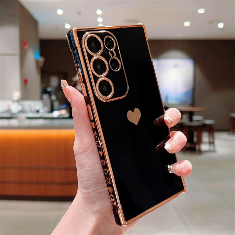 Ốp Mạ Sang Trọng Cho Samsung Galaxy S25 S24 S23 S22 Ultra Plus S24 S23 S21 S20 FE Love Heart Side Pattern Vỏ Điện Thoại Chống Sốc