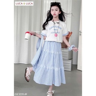 13-45kg (hàng thiết kế) Set áo phông xanh mix chân váy kẻ dài Luca