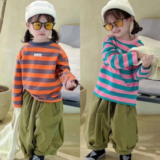 Mùa Xuân Thu Mới Bé Trai Bé Gái Dài Tay Đáy Áo Sơ Mi Trẻ Em Bé Thời Trang Hàn Quốc Cổ Tròn Sọc Áo