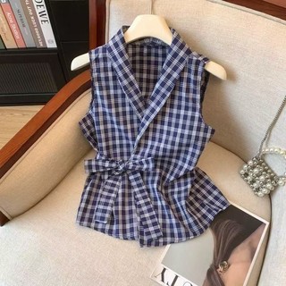 Áo sơ mi không tay phong cách Hàn Quốc, kẻ sọc ôm eo vintage