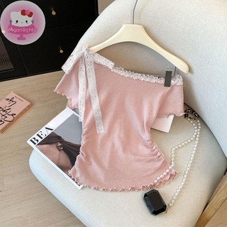 Moonlights Thời Trang Slim Off-Shoulder Ren Ngắn Tay Áo Thun Nữ Mùa Hè EN