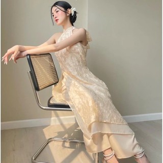Áo Yếm Nữ, áo dài nữ thiết kế cổ yếm màu kem 4 tà phối nơ sau lưng- Jn Design J58