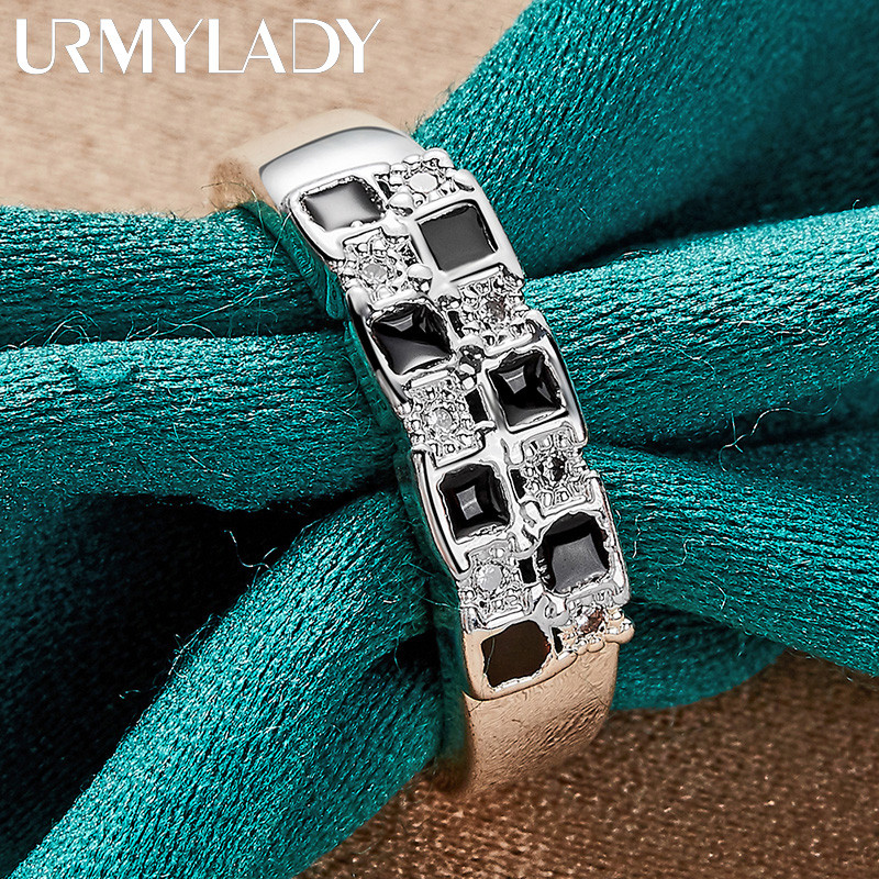 URMYLADY Bạc 925 Đen Trắng Lưới Zircon 7-10 # Nhẫn Nữ Trang Sức Quyến Rũ Thời Trang