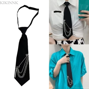 Kikin Nữ Pre Buộc Cà Vạt Với Dây Xích Dài Kim Loại Pin Đồng Phục Sinh Viên Cà Vạt Cổ Đen