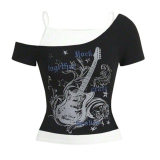 Áo Crop vai ngắn tay kiểu Gothic dành cho nữ có đồ họa đàn Guitar cổ điển