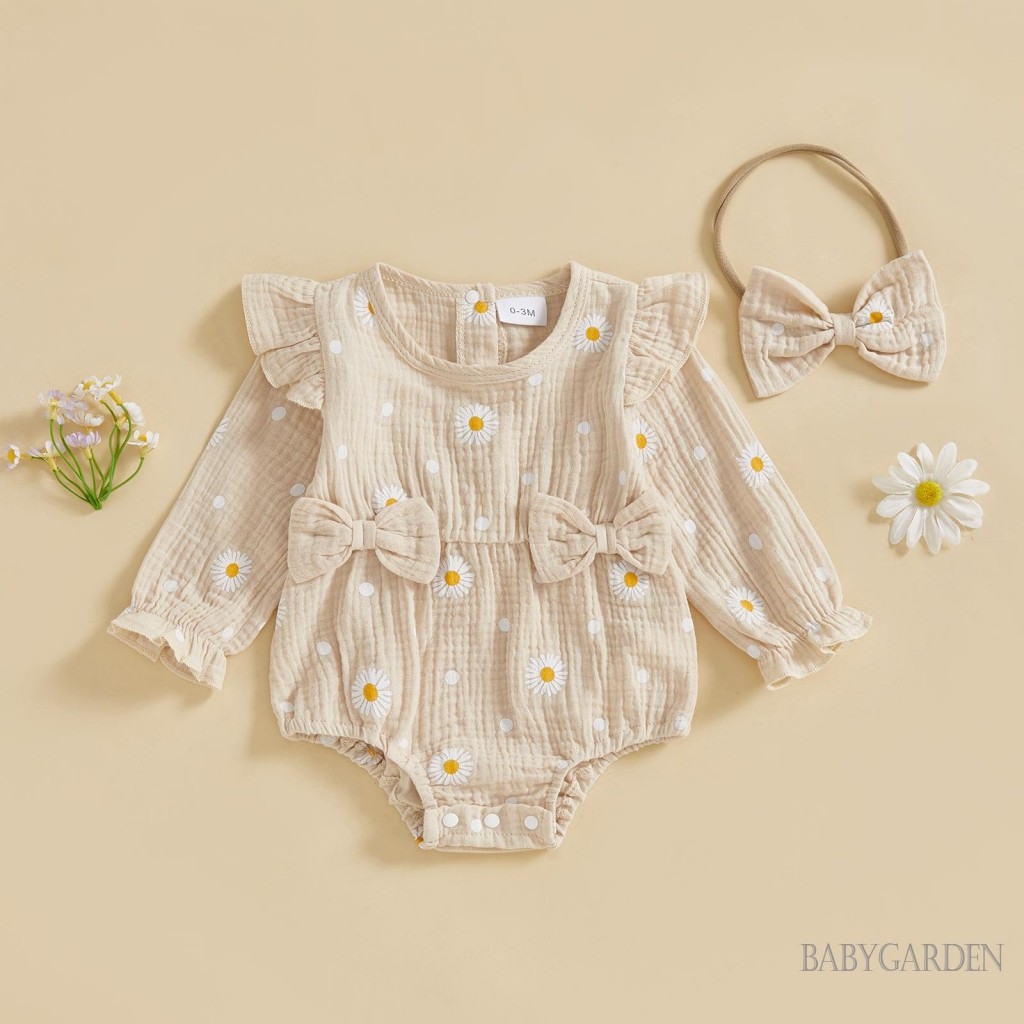 / / -Baby Girl Fall Bubble In hoa cúc Áo liền quần cổ tròn dài tay có băng đô