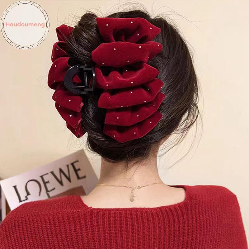 Houdou 1 Đen Đỏ Nhung Nơ Kẹp Tóc Nữ Công Chúa Lấy Móng Vuốt Tóc Mũ Đội Đầu Kẹp Tóc Lớn Phụ Kiện Tóc Cô Gái VN