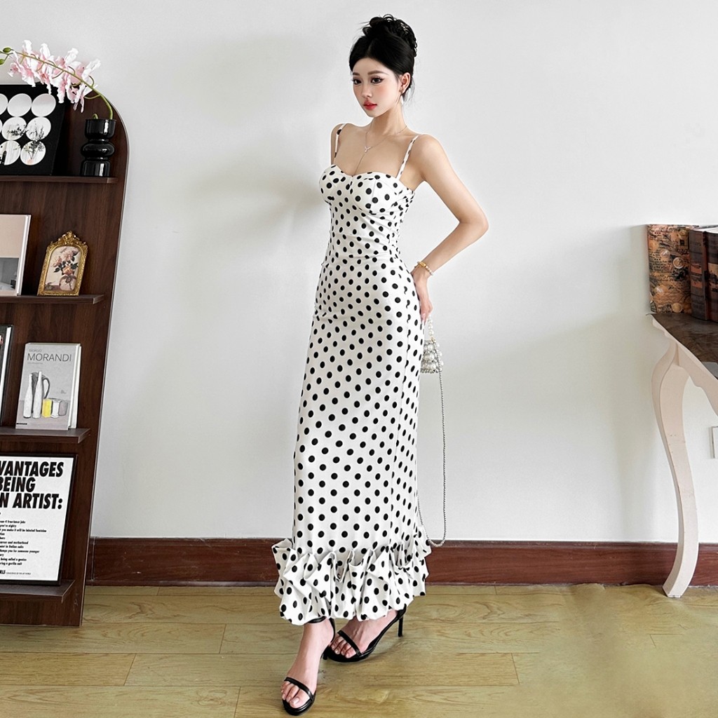 Cutenew Chấm Bi Đầm Maxi Gợi Cảm Sling Backless Skinny Hông-Cover Cá Tính Nóng Gà Con Nhìn Mỏng Hơn Thời Trang Nóng Mới