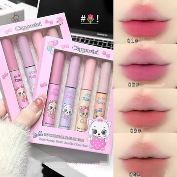 CAPPUVINI 4 Cái / bộ Mèo Dễ Thương Mờ Môi Bùn Học Sinh Son Bóng Lâu Dài Son Môi