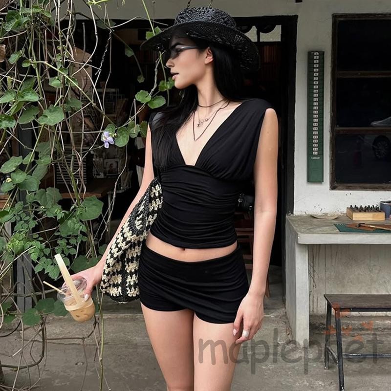 MAPLEPOET-Áo cổ chữ V xếp vững chắc mùa hè dành cho nữ và quần short Mini cao cấp Bộ 2 món cho câu lạc bộ tiệc tùng