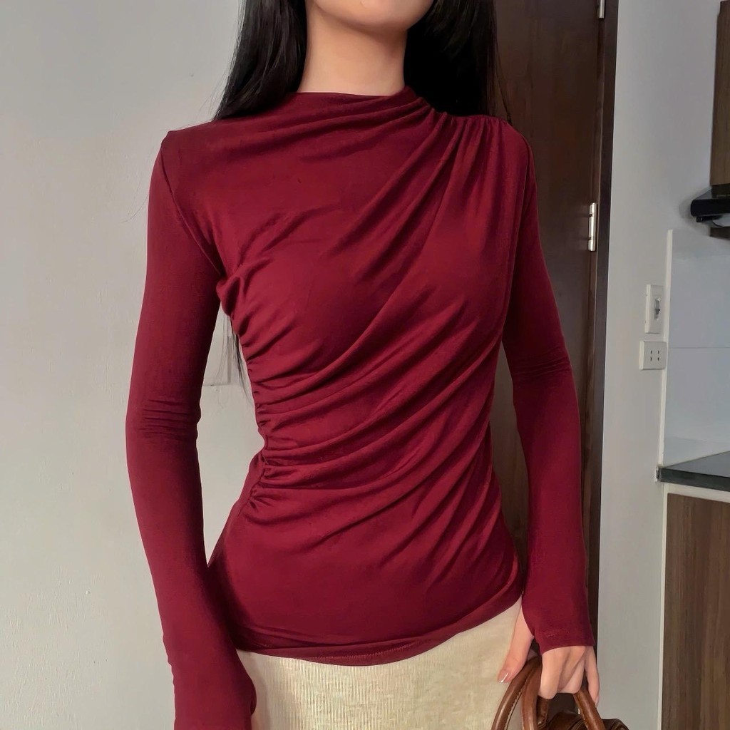 Áo Thun Nữ Tay Dài Cổ Tròn, Kiểu Rúm Eo Tôn Dáng, Chất Liệu Cotton Zip Cao Cấp, Co Giãn 4 Chiều, Mềm Mịn