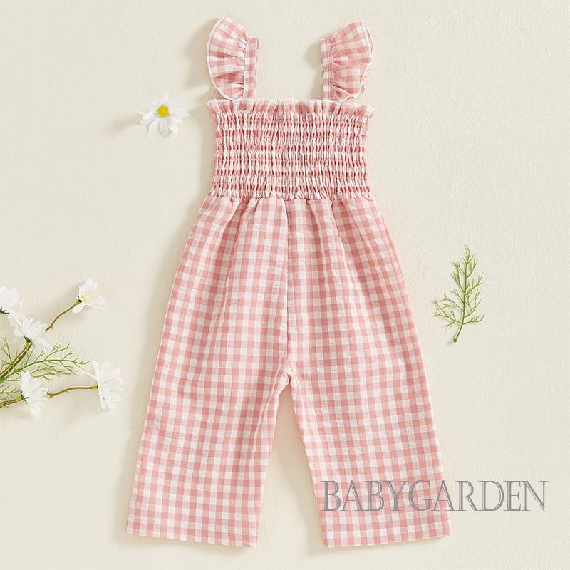 / / -6tháng-4years Bé Gái Áo Liền Quần Ruffle Không Tay Kẻ Sọc In Hình Quần Sụn Treo Trang Phục Mùa Hè