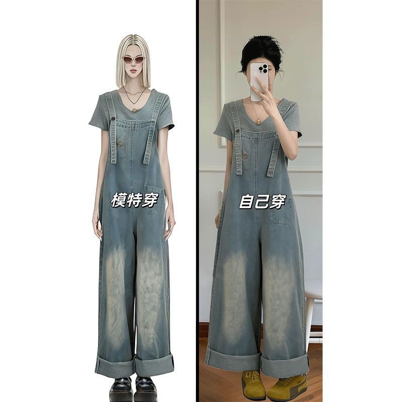 [YU]Quần yếm denim nữ trẻ trung, ống rộng thoải mái, thiết kế jumpsuit thẳng hiện đại.