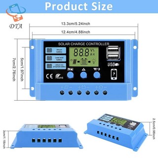 [DTA] Bộ điều khiển sạc năng lượng mặt trời 30A 20A 10A 12V 24V Bảng điều khiển năng lượng mặt trời tự động Bộ điều khiển LCD PV cho pin chì, USB kép VN
