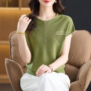 Cổ Tròn Vai Trước Tay Ngắn Người Nhỏ 2025 Phong Cách Mới Mùa Hè Mỏng Ngắn Eo Eo Top Nữ Cao Cấp Bộ Áo Thun