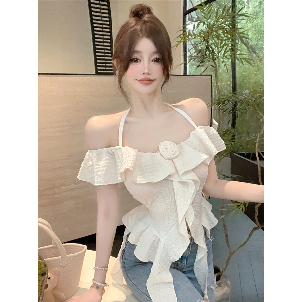 Áo 2 dây croptop Mùa Hè Gợi Cảm Ngoài Vai Xù Cổ Dây Top Skinny Ôm Hơn Nhìn Thường Ngày Sling Ba Chiều