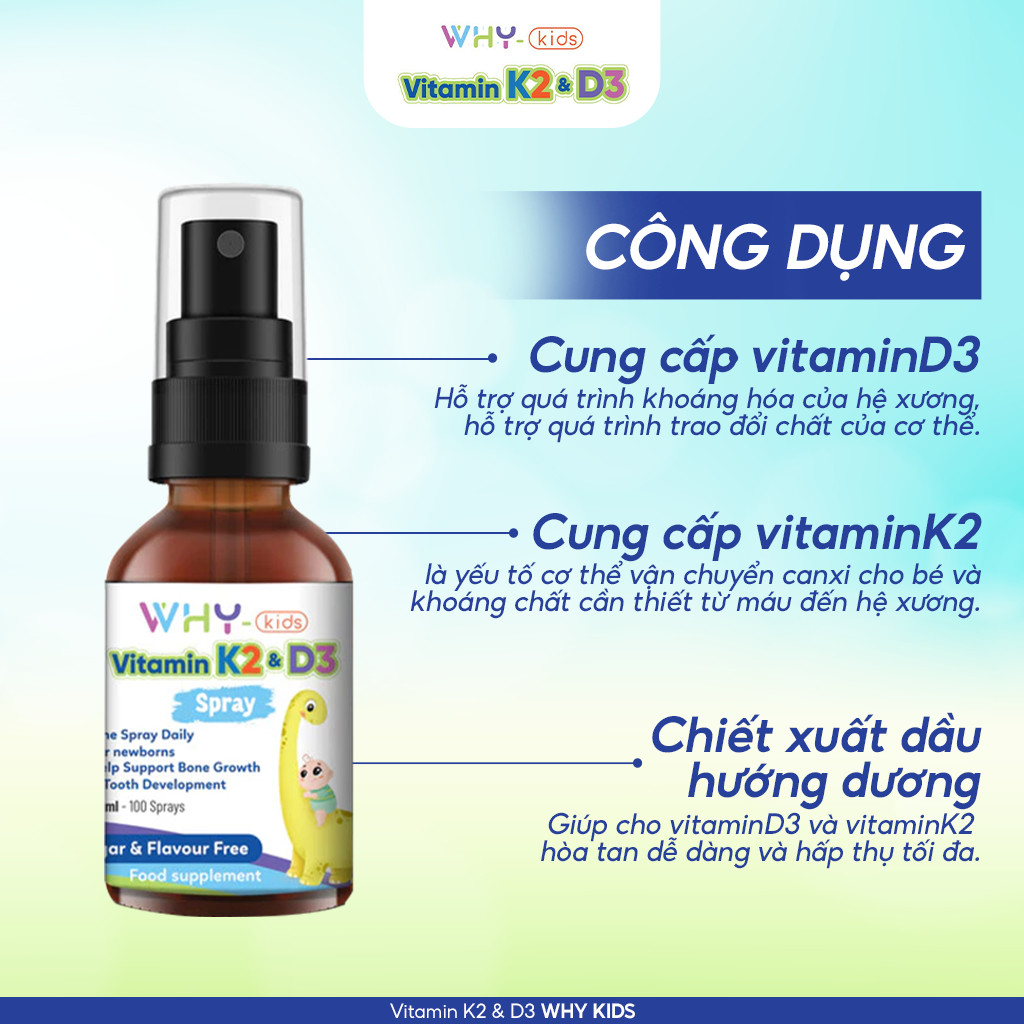 Combo 2 Vitamin D3 K2 Whykids Dạng Xịt Giúp Bé Tăng Khả Năng Hấp Thụ Canxi Tốt Cho Sức Khoẻ - Chai 15ml