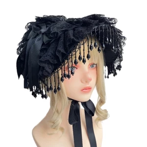YOI Thanh Lịch Ren Bonnet Ngọc Trai Đen Viền Anime Mũ Màu Tối Series Mũ Cho Người Giúp Việc Trang Phục Tiệc Halloween Trang Phục