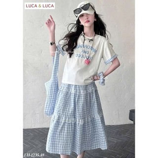13-45kg (hàng thiết kế) Set áo phông xanh mix chân váy kẻ dài Luca