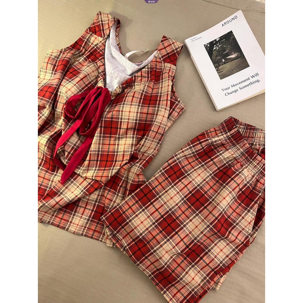 Nhật Bản Ins Bộ Đồ Ngủ Kẻ Sọc Đỏ Nữ Mùa Hè Bật Lên Mỏng Suspender Quần Short Hai Mảnh Homewear [BL]