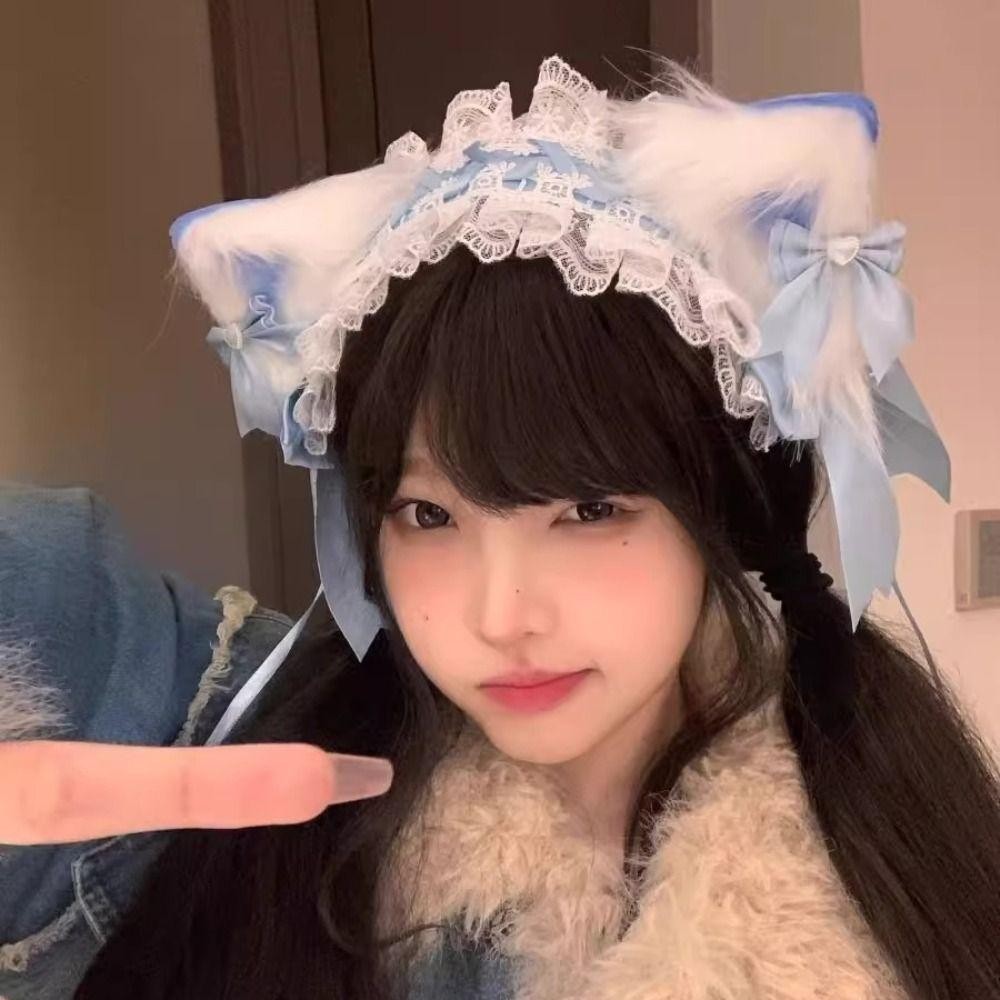 EBINLANDS Tai Mèo Băng Đô, Nơ Gothic Quấn Đầu, Cosplay Ren Mũ Phụ Kiện Tóc