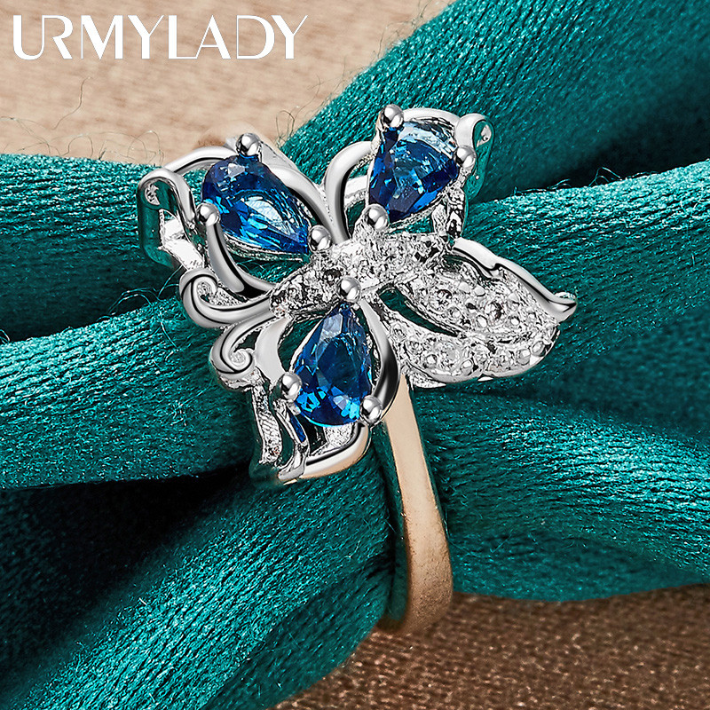 URMYLADY Bạc 925 Bướm Xanh Zircon 7-10 # Nhẫn Nữ Trang Sức Quyến Rũ Thời Trang