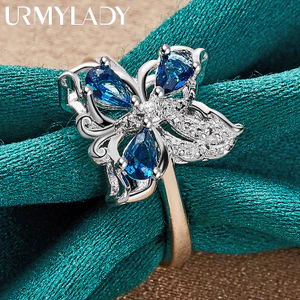 URMYLADY Bạc 925 Bướm Xanh Zircon 7-10 # Nhẫn Nữ Trang Sức Quyến Rũ Thời Trang