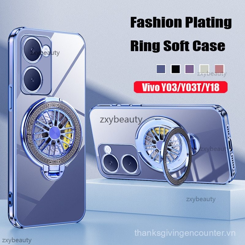 Vivo Y03 y03t Y18 y18s y27s 5G 4G 2024 Ốp mềm Giá đỡ nhẫn mạ thời trang cho vivoy03 Y27 y36 vivoy18 y28s Ốp lưng bảo vệ chống sốc