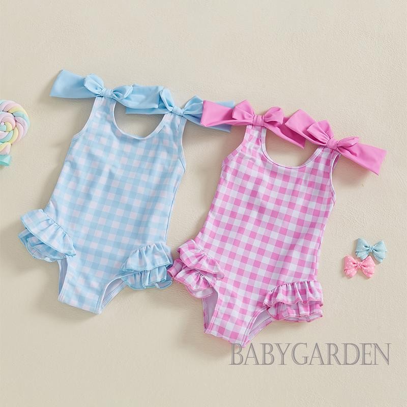 / / -6Month-4years Đồ Bơi Bé Gái Áo Liền Quần Kẻ Sọc Xù Hai Nơ Trang Trí Đồ Đi Biển Không Tay Bộ Đồ Tắm Đi Biển Mùa Hè