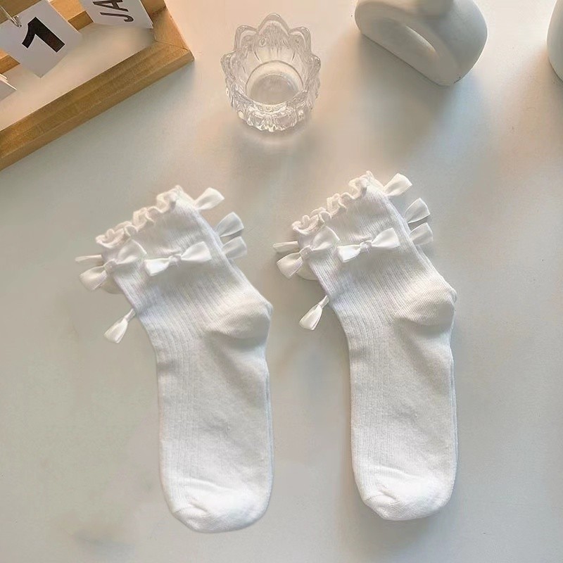 Tất dài đến bắp chân, tất nơ Nhật Bản dễ thương, màu trắng và đen