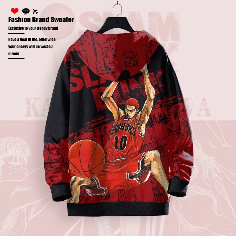 Áo khoác unisex Slam Dunk có khóa kéo, thiết kế nhân vật chính Rukawa và Sakuragi