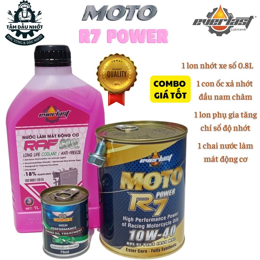 Dầu Nhớt xe số/côn tay - Everlast MOTO R7 POWER 10W40 SL 0.8L kèm ốc ...