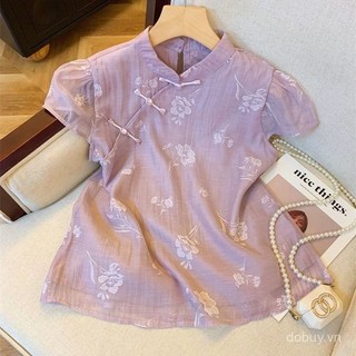 Mùa Hè Mới Nữ Họa Tiết Hoa Áo Sơ Mi Voan Phong Cách Trung Hoa Cổ Qipao Tay Ngắn Thời Trang Top