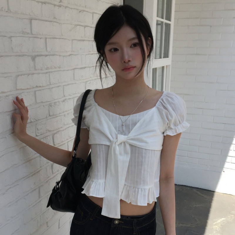 SUXI Áo sơ mi tay phồng buộc dây đơn giản, phù hợp mùa hè