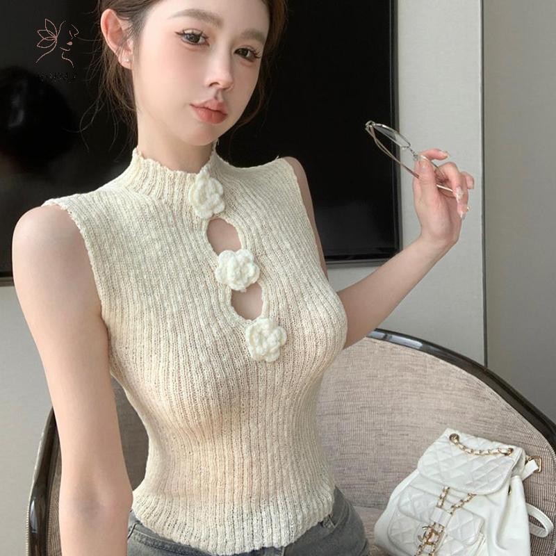 HNKMP ÁoCrop Top Không Tay Dệt Kim 3D Hoa, Thời Trang Gợi Cảm Phong Cách Y2K