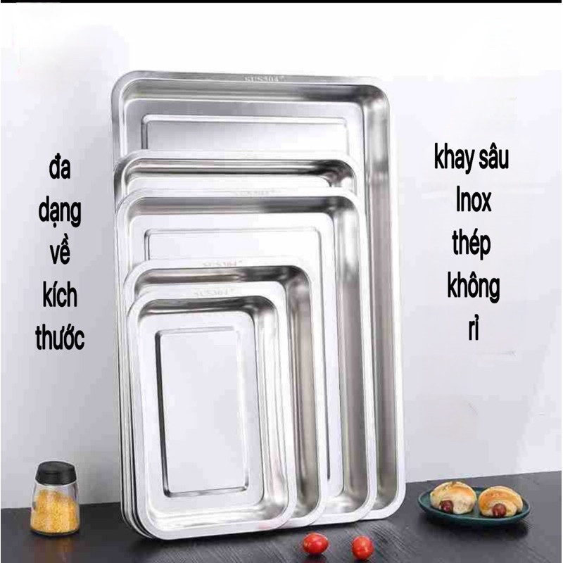 Khay inox đựng thức ăn kích thước 32x22 - Sâu 4.8cm mâm cơm, khay nướng bánh, khay lót bàn ăn