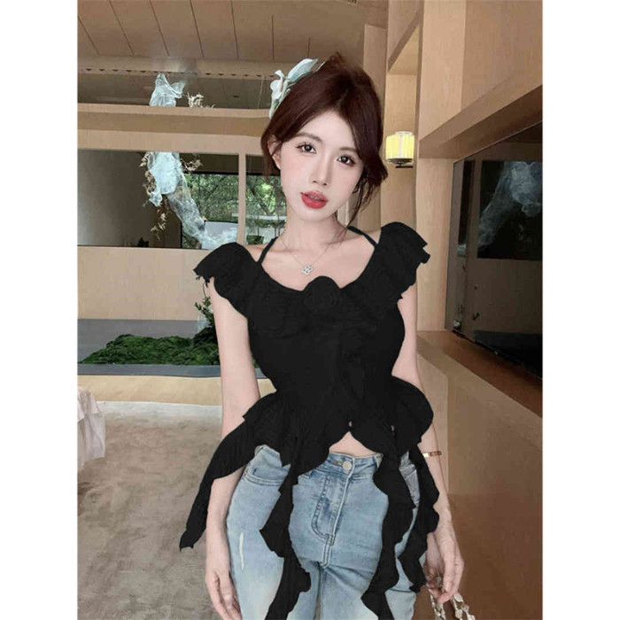 Áo 2 dây croptop Mùa Hè Gợi Cảm Ngoài Vai Xù Cổ Dây Top Skinny Ôm Hơn Nhìn Thường Ngày Sling Ba Chiều
