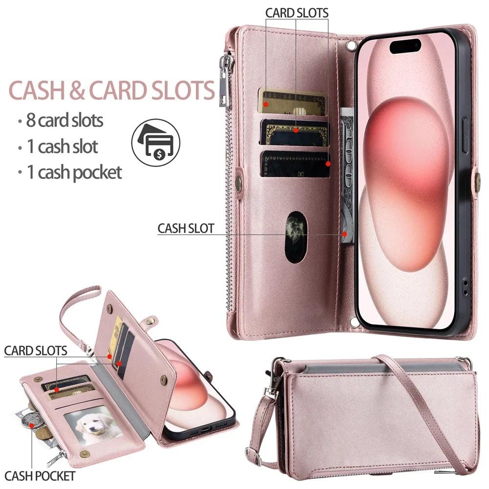 Ốp Lưng Ví Dây Kéo Đeo Ngang Cho IPhone 16 Pro Max 15 14 Plus 11 13 12 Mini XS XR 7 8 SE 2020 2022 Đựng Thẻ Bao Da PU