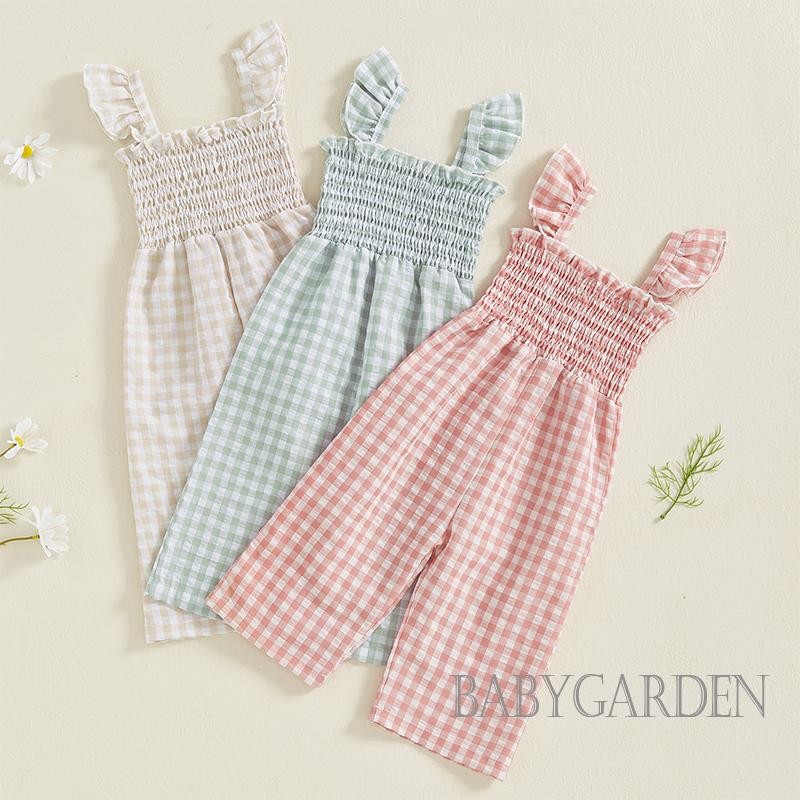 / / -6tháng-4years Bé Gái Áo Liền Quần Ruffle Không Tay Kẻ Sọc In Hình Quần Sụn Treo Trang Phục Mùa Hè