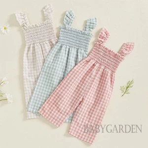 / / -6tháng-4years Bé Gái Áo Liền Quần Ruffle Không Tay Kẻ Sọc In Hình Quần Sụn Treo Trang Phục Mùa Hè