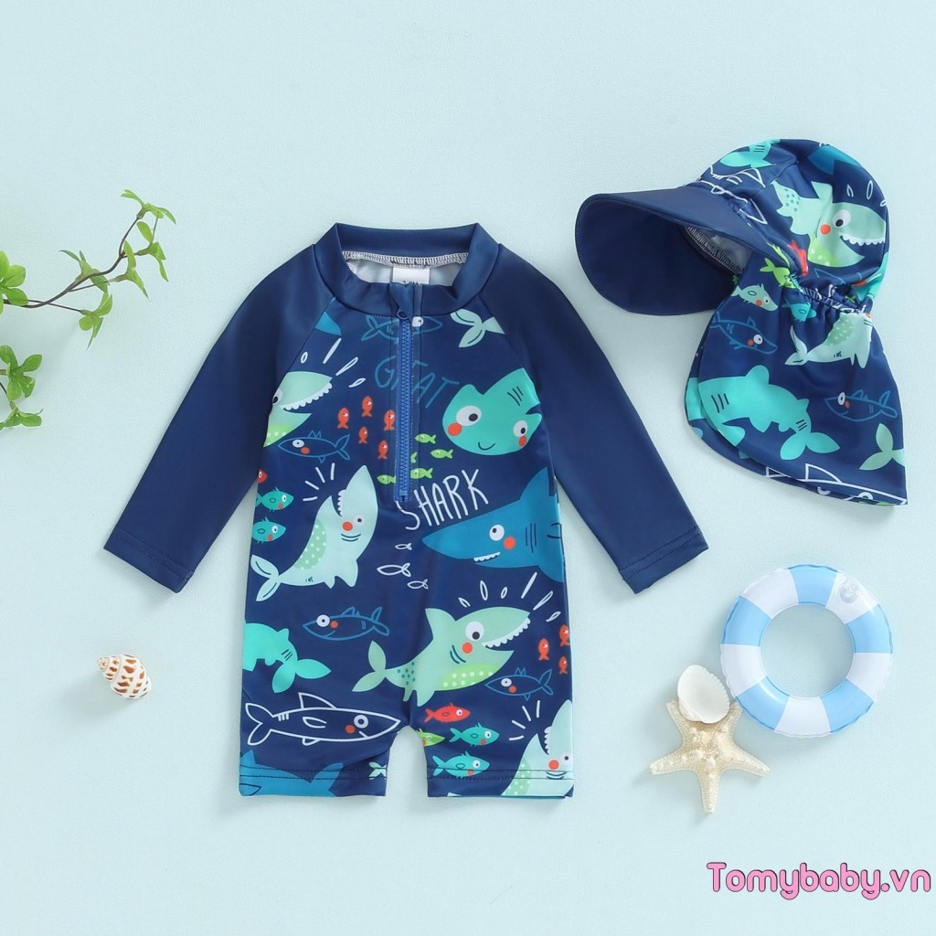 Bộ đồ bơi bé trai tập đi Họa tiết cá mập có khóa kéo dài tay Bộ đồ tắm cổ tròn có mũ