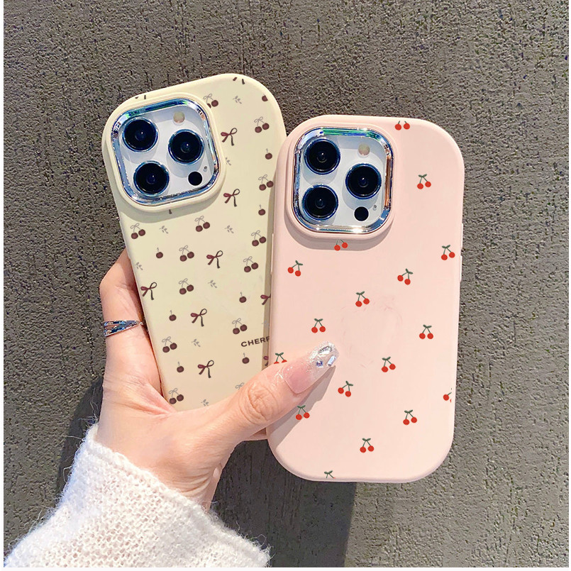 Ốp Điện Thoại Cho Samsung Galaxy A32 A33 A12 A11 A05S A31 A20 A30 A21S A50 A50S A30S A52 A71 A7 2018 Vỏ Trái Cây Anh Đào Nơ Màu Hồng INS Cặp Đôi Dễ Thương Mạ Ống Kính Kim Loại