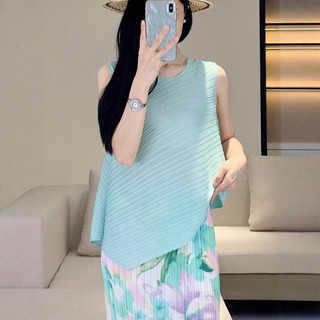 Miyake áo thun xếp ly cho nữ, thời trang sang trọng mùa hè với thiết kế đơn giản cổ tròn màu trơn
